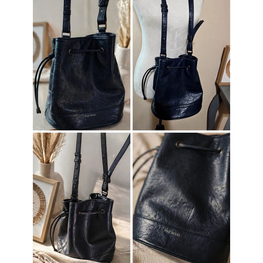 Pixie Mood Bag Textured orcrinkled vegan leather navy cord adjustable shoulder